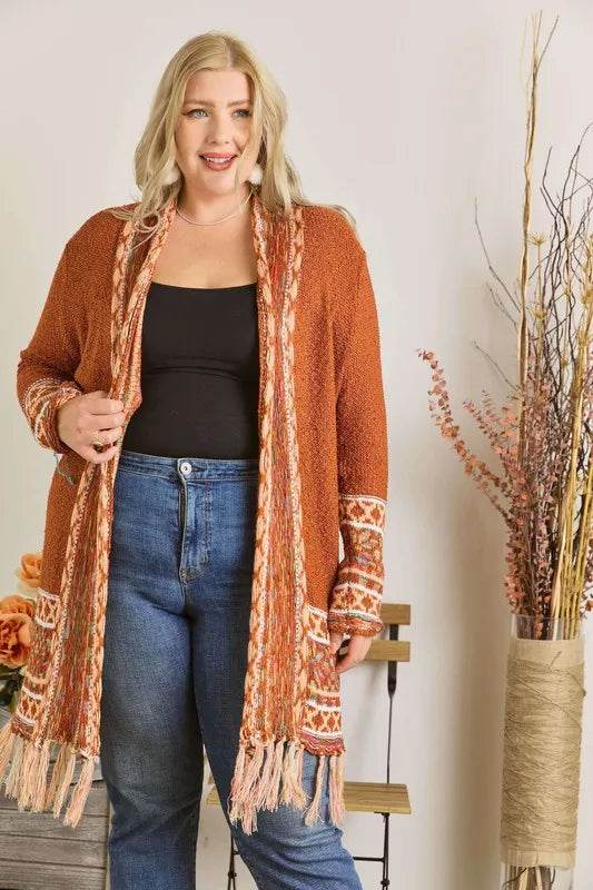 ADORA Full Size Fringe Hem Aztec Border Cardigan Plus Size - Shop Style & More | Fresh Looks, Everyday Deals & Free Shipping