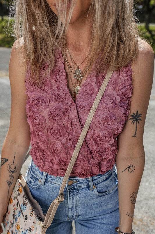Floral Textured V Neck Wrapped Sleeveless Bodysuit - Shop Style & More | Fresh Looks, Everyday Deals & Free Shipping