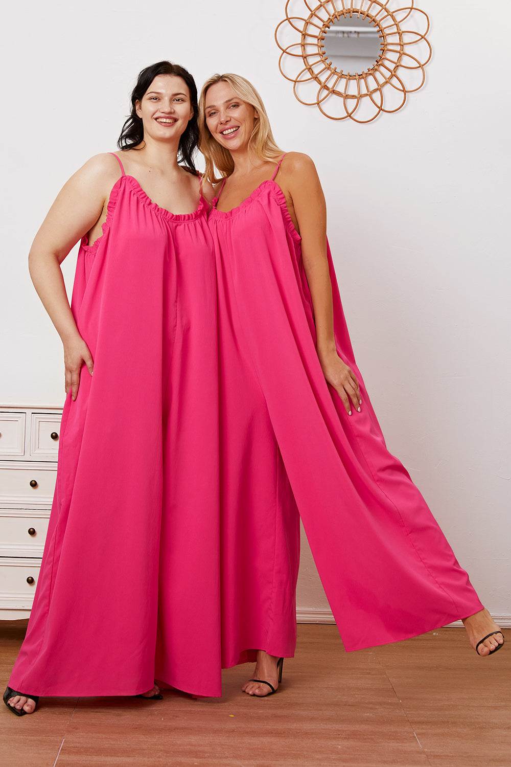 Double Take Full Size Ruffle Trim Tie Back Cami Jumpsuit with Pockets - Shop Style & More | Fresh Looks, Everyday Deals & Free Shipping