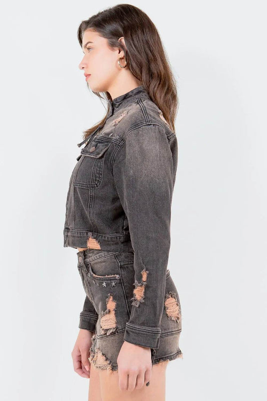 American Bazi Full Size Distressed Star Stud Trim Denim Rider Jacket Plus Size - Shop Style & More | Fresh Looks, Everyday Deals & Free Shipping