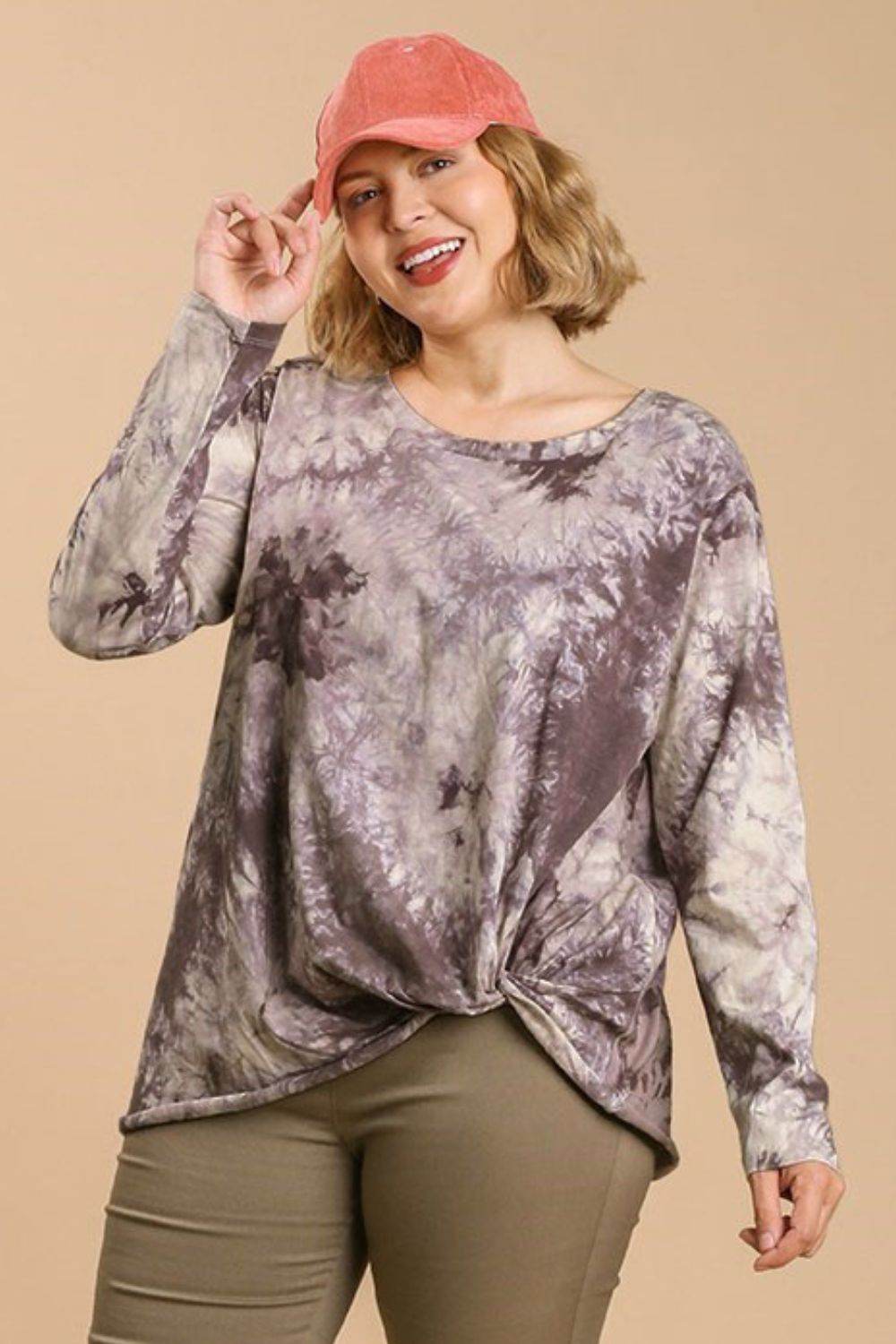 Umgee Full Size Tie Dye Front Gathered Detail Round Neck Long Sleeve T-Shirt Plus Size - Shop Style & More | Fresh Looks, Everyday Deals & Free Shipping