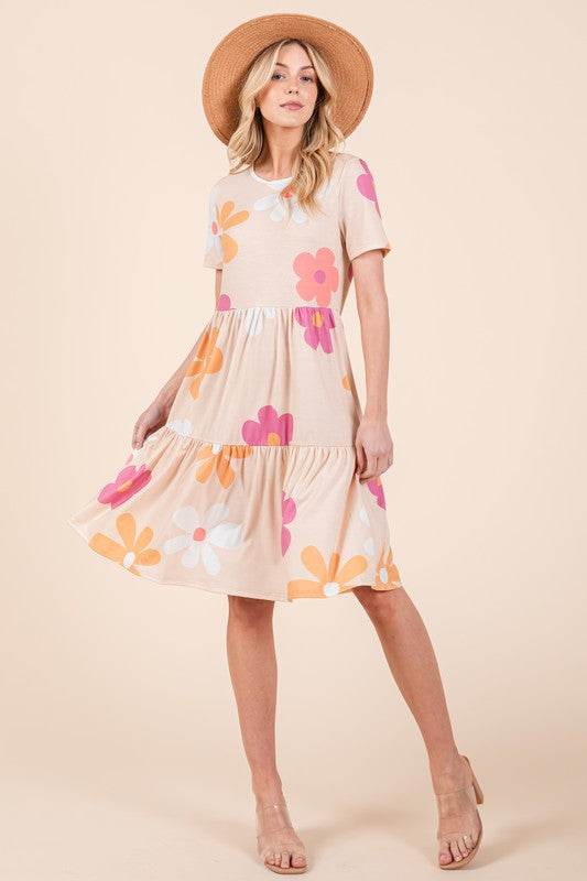 BOMBOM Floral Round Neck Short Sleeve Tiered Dress - Shop Style & More | Fresh Looks, Everyday Deals & Free Shipping