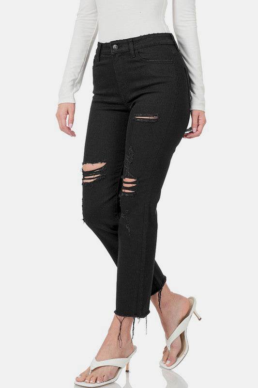 Zenana Distressed Raw Hem Cropped Jeans - Shop Style & More | Fresh Looks, Everyday Deals & Free Shipping