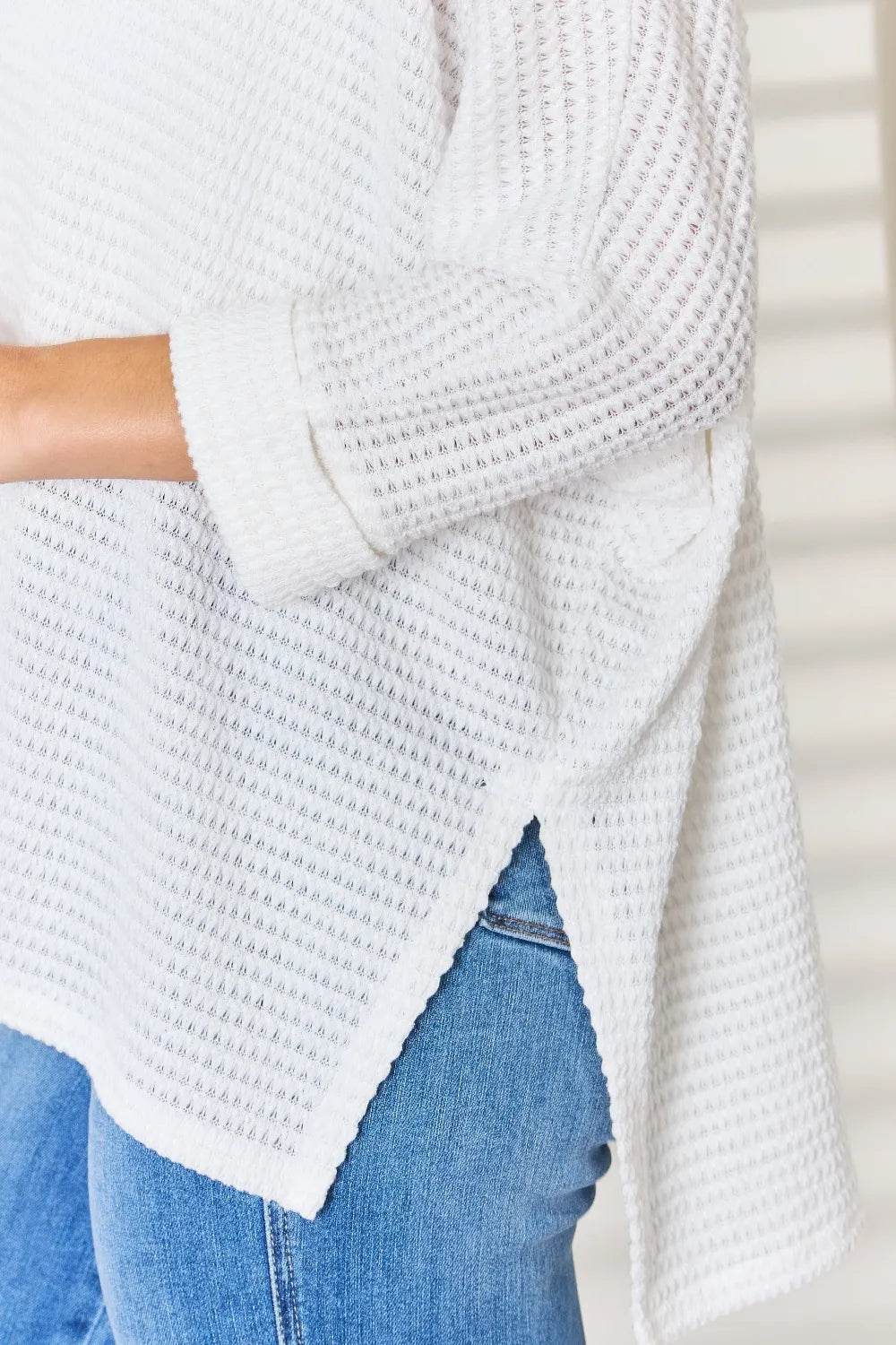 Zenana Full Size Waffle Knit V-Neck Long Sleeve Slit Top - Shop Style & More | Fresh Looks, Everyday Deals & Free Shipping