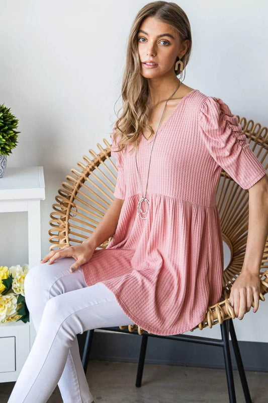 Heimish Full Size Waffle Knit V-Neck Babydoll Top - Shop Style & More | Fresh Looks, Everyday Deals & Free Shipping