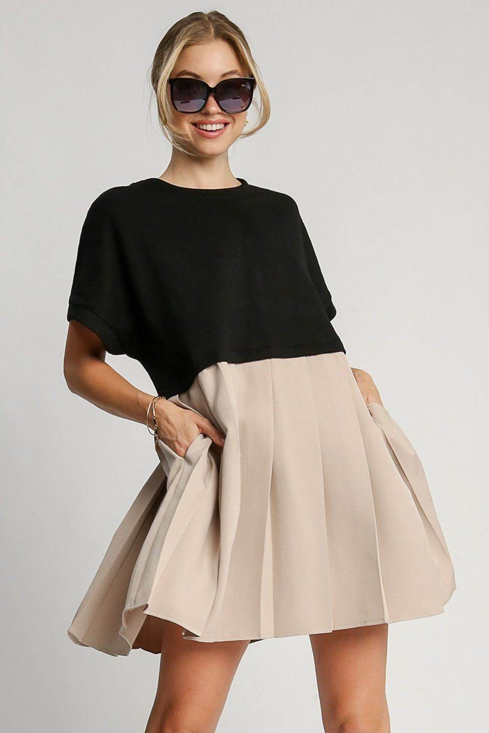 Umgee Full Size Round Neck Pleated Dress with Side Pockets Plus Size - Shop Style & More | Fresh Looks, Everyday Deals & Free Shipping