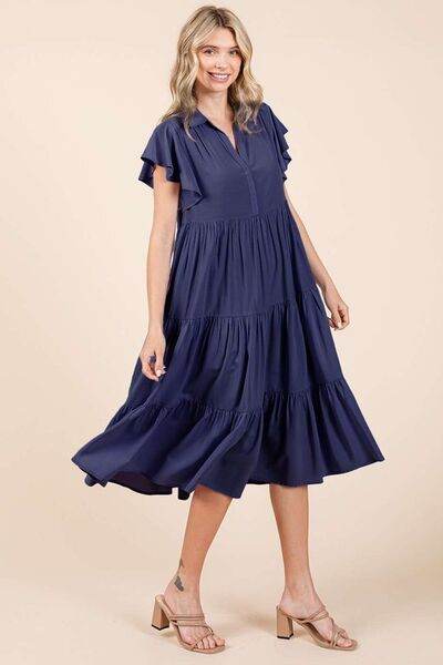Mittoshop Ruffle Sleeve Collared V Neck Tiered Midi Dress - Shop Style & More | Fresh Looks, Everyday Deals & Free Shipping