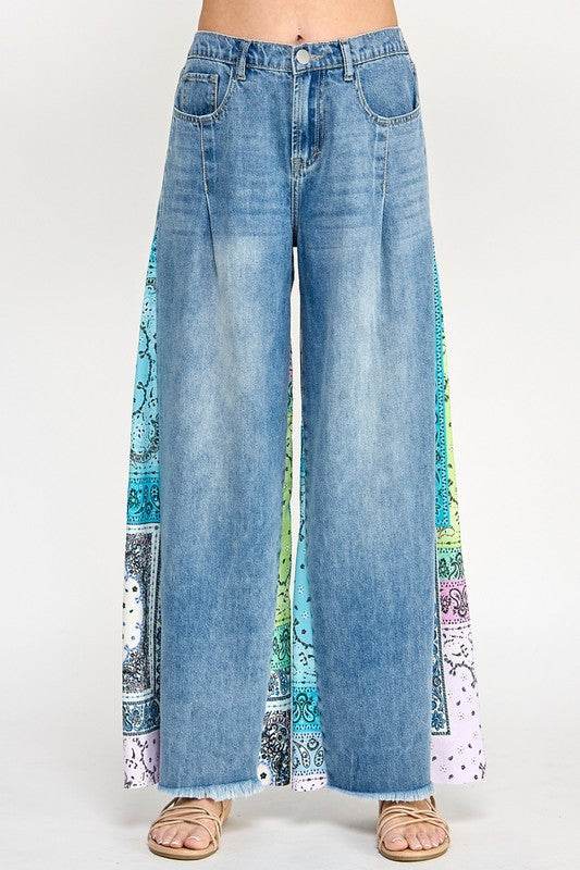 SAGE + FIG Raw Hem Paisley Print Side Wide Leg Jeans - Shop Style & More | Fresh Looks, Everyday Deals & Free Shipping