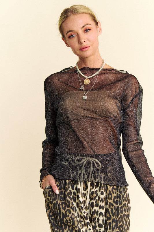 Davi & Dani Glitter Mesh Lettuce Hem Long Sleeve Top - Shop Style & More | Fresh Looks, Everyday Deals & Free Shipping
