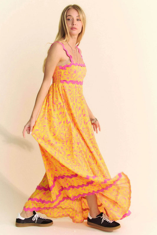 Davi & Dani Geo 2 Tone Printed Wavi Trim Tiered Maxi Dress - Shop Style & More | Fresh Looks, Everyday Deals & Free Shipping