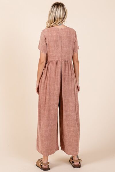 Mittoshop Mineral Wash Jumpsuit - Short Sleeve Flowy Wide Leg Design Jumpsuits
