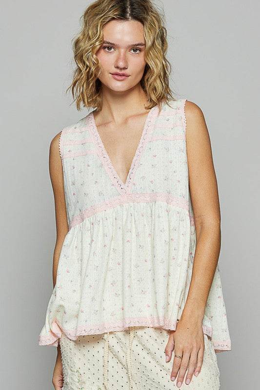 POL Lace Detail Floral V-Neck Sleeveless Top - Shop Style & More | Fresh Looks, Everyday Deals & Free Shipping
