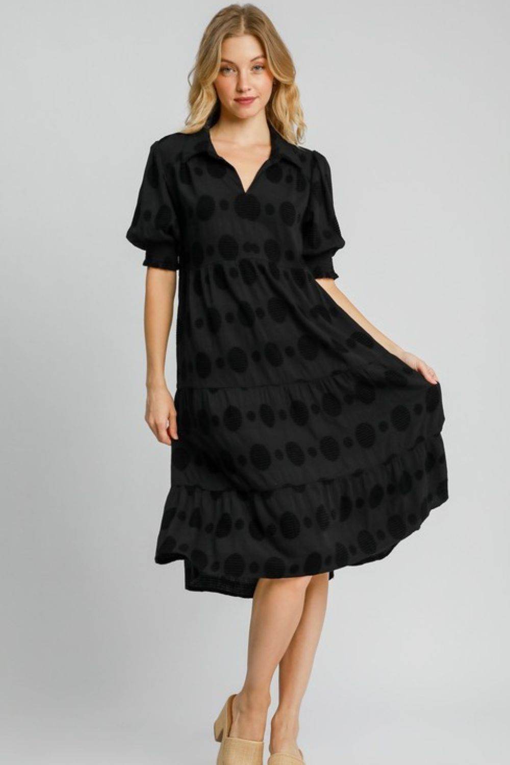 Umgee Full Size Swiss Dot Jacquard Tiered Midi Dress Plus Size - Shop Style & More | Fresh Looks, Everyday Deals & Free Shipping