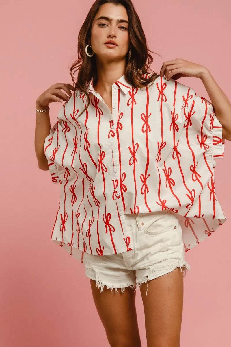 BiBi Bow Ribbon Woven Printed Button Down Shirt - Shop Style & More | Fresh Looks, Everyday Deals & Free Shipping
