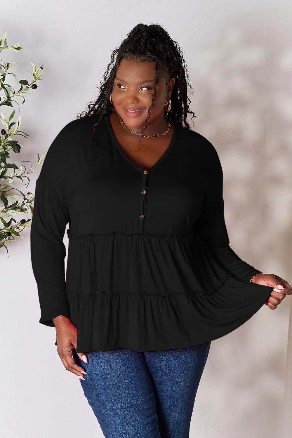 Double Take Half Button Long Sleeve Ruffle Hem Blouse - Shop Style & More | Fresh Looks, Everyday Deals & Free Shipping