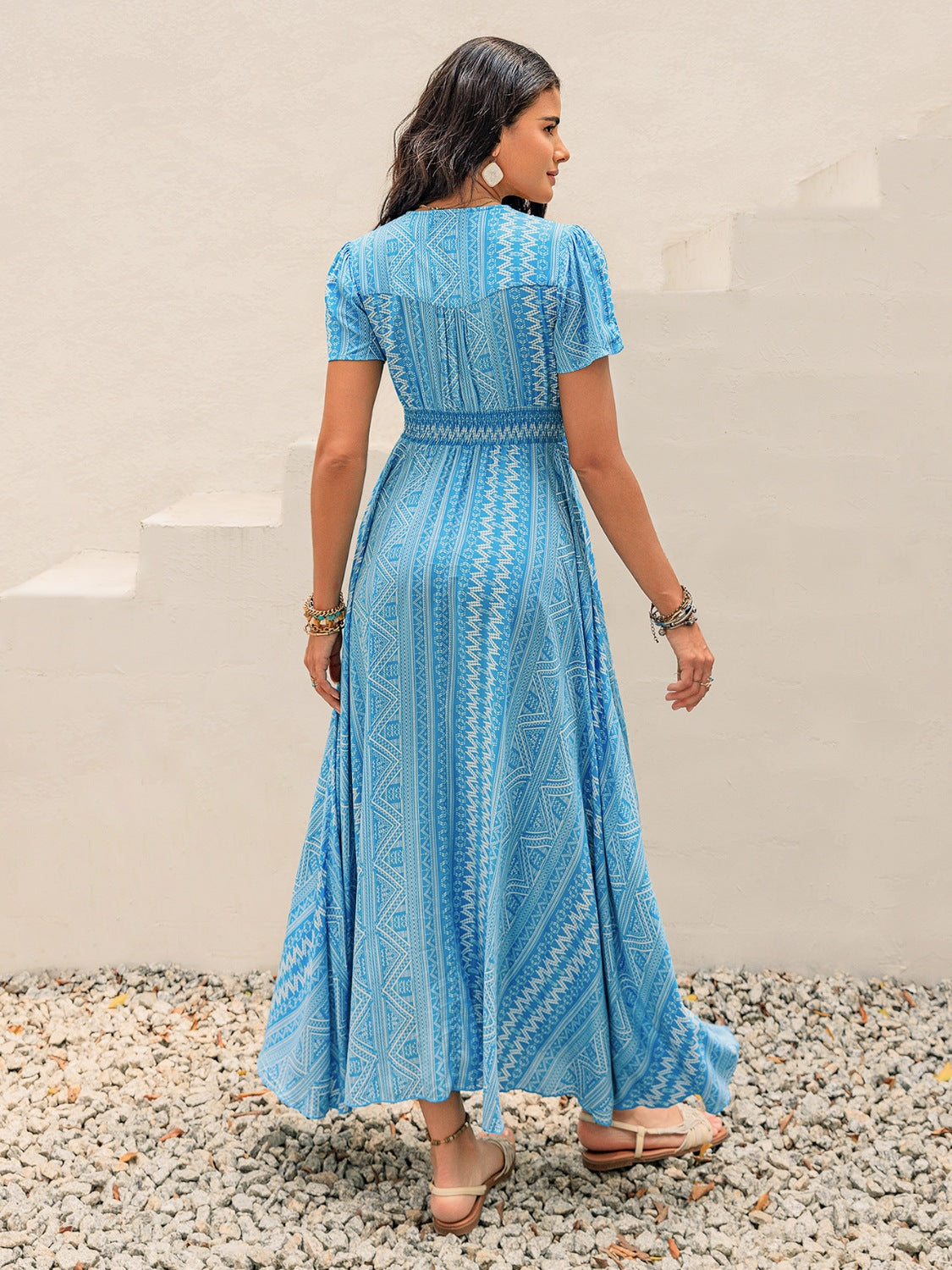 Printed Button Down Short Sleeve Maxi Dress Casual Dresses