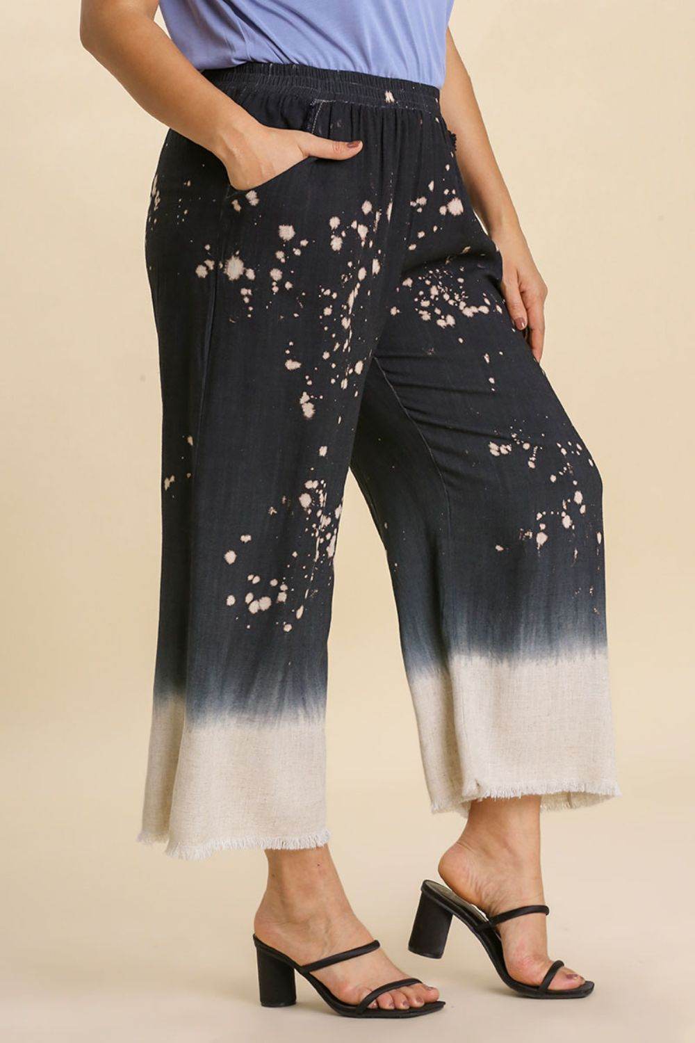 Umgee Full Size Raw Hem Linen Blend Bleach Dip Dye Wide Leg Pants Plus Size - Shop Style & More | Fresh Looks, Everyday Deals & Free Shipping