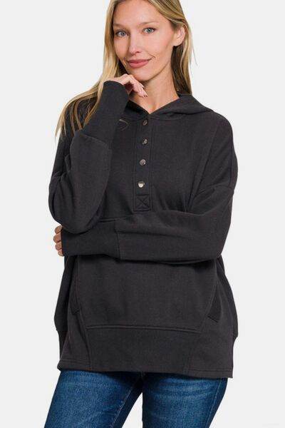 Zenana Half Snap Long Sleeve Hoodie with Kangaroo Pocket - Shop Style & More | Fresh Looks, Everyday Deals & Free Shipping