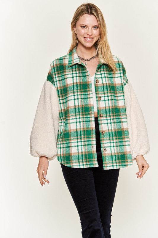 Multi plaid fuzzy sleeve jacket JJO1023 - Shop Style & More | Fresh Looks, Everyday Deals & Free Shipping