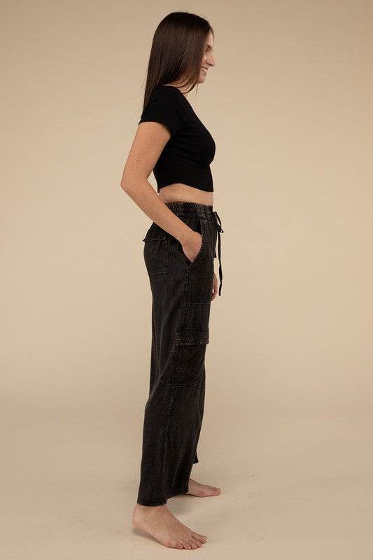 Washed Linen Elastic Band Waist Cargo Pants - Shop Style & More | Fresh Looks, Everyday Deals & Free Shipping