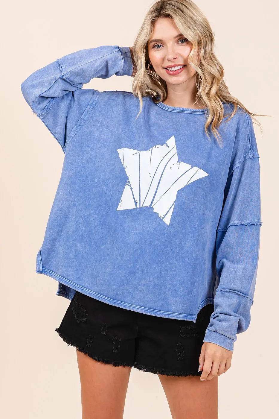 Mittoshop Star Graphic Mineral Wash Long Sleeve Top - Shop Style & More | Fresh Looks, Everyday Deals & Free Shipping