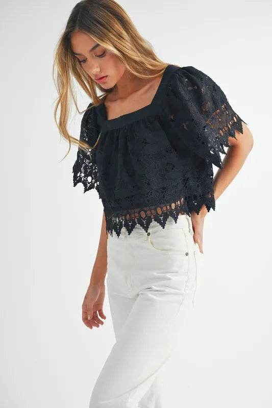 MABLE Square Neck Crochet Lace Top With Double Bow Tie - Shop Style & More | Fresh Looks, Everyday Deals & Free Shipping