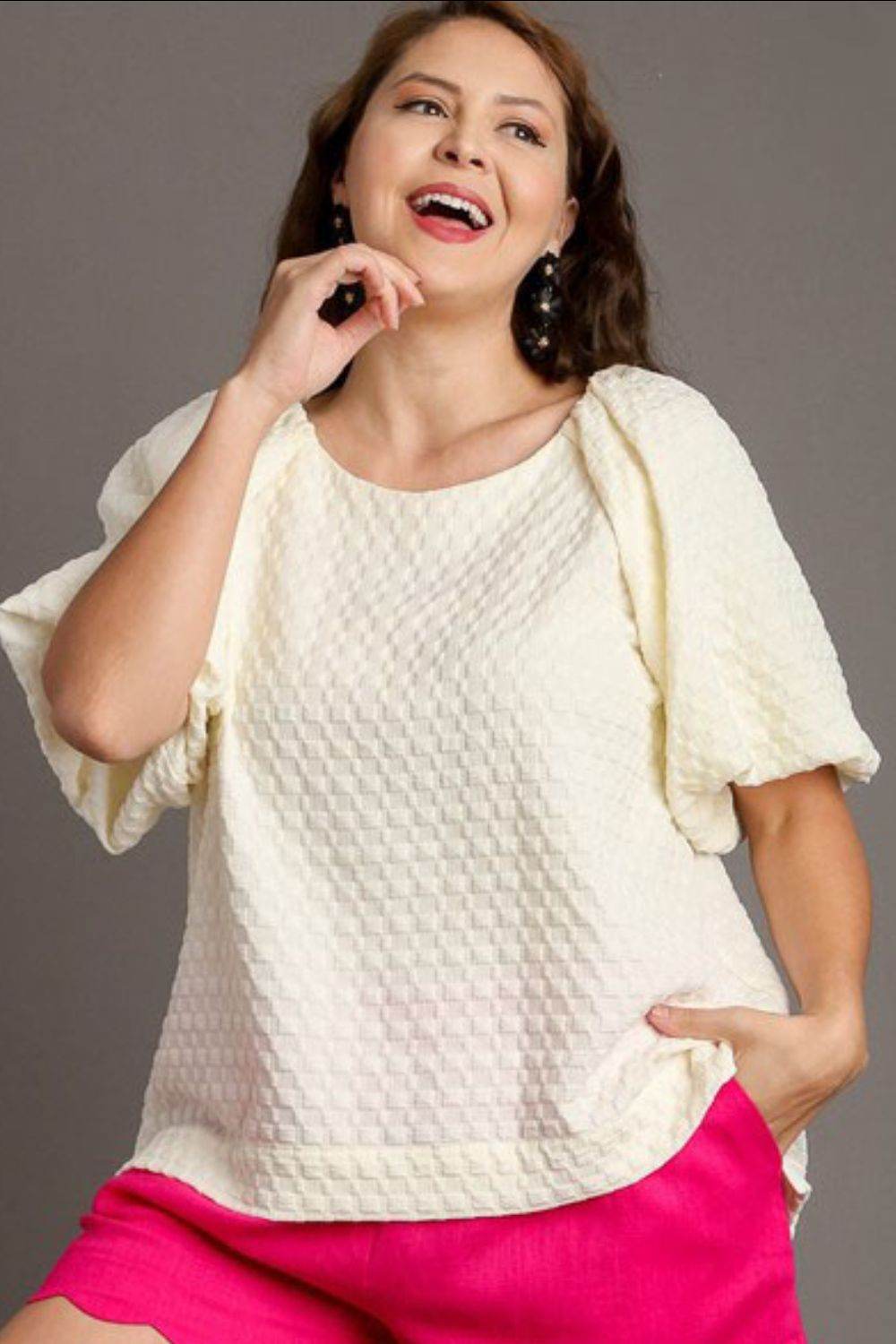 Umgee Full Size Boxy Cut Jacquard Round Neck Top with Side Slit Plus Size - Shop Style & More | Fresh Looks, Everyday Deals & Free Shipping