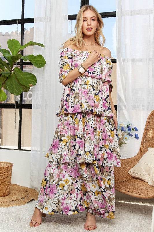 ADORA Layered Floral Off-Shoulder Short Sleeve Maxi Dress - Shop Style & More | Fresh Looks, Everyday Deals & Free Shipping