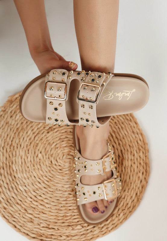 Jayata Metallic Stud Embellished Sliders - Shop Style & More | Fresh Looks, Everyday Deals & Free Shipping