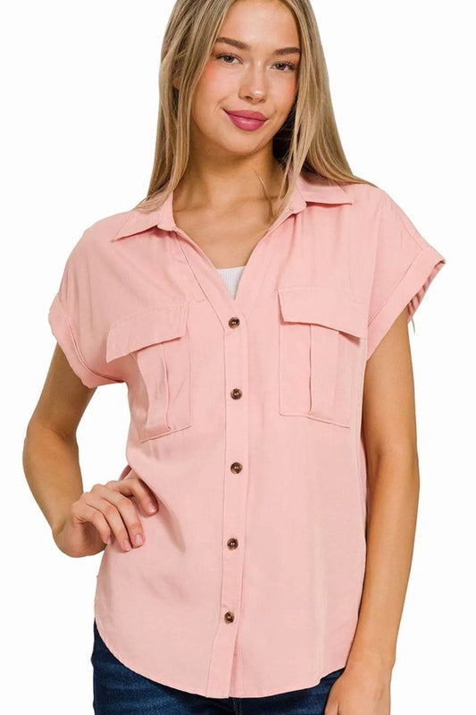Zenana Tencel V-neck Collared Top W Front Flap Pockets - Shop Style & More | Fresh Looks, Everyday Deals & Free Shipping