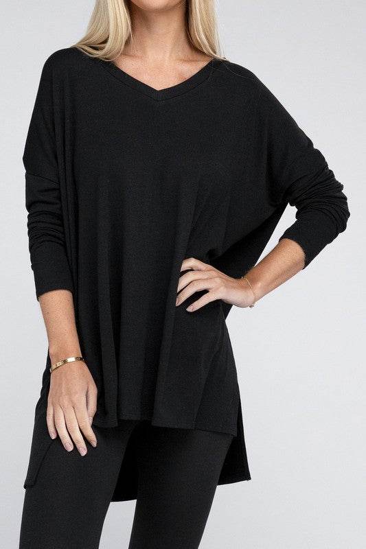 Dolman Long Sleeve V-Neck Side Slit Hi-Low Hem Top - Shop Style & More | Fresh Looks, Everyday Deals & Free Shipping