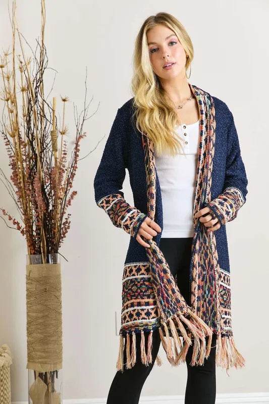 ADORA Full Size Fringe Hem Aztec Border Cardigan Plus Size - Shop Style & More | Fresh Looks, Everyday Deals & Free Shipping