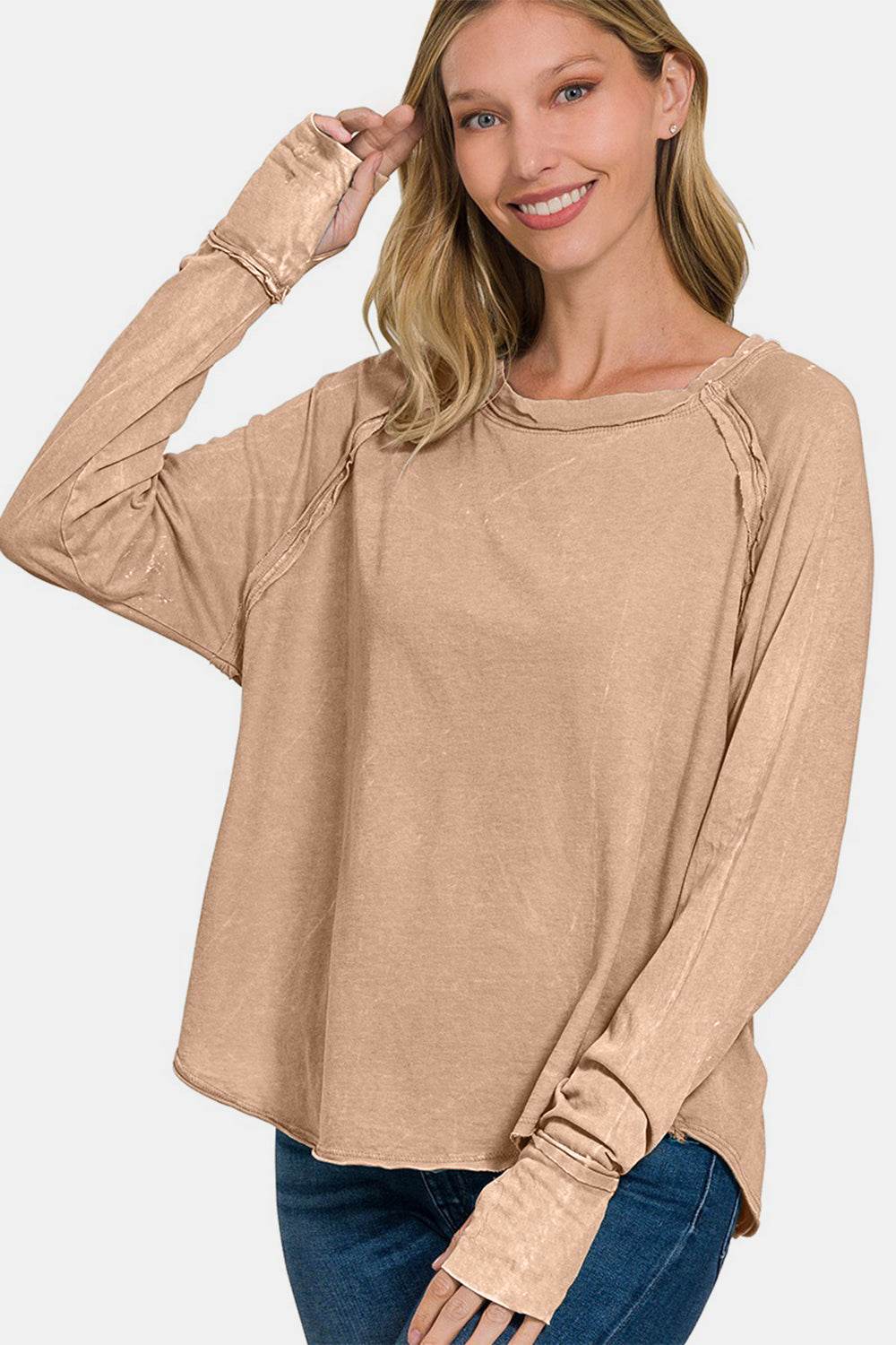 Zenana Round Neck Thumbhole Long Sleeve T-Shirt - Shop Style & More | Fresh Looks, Everyday Deals & Free Shipping