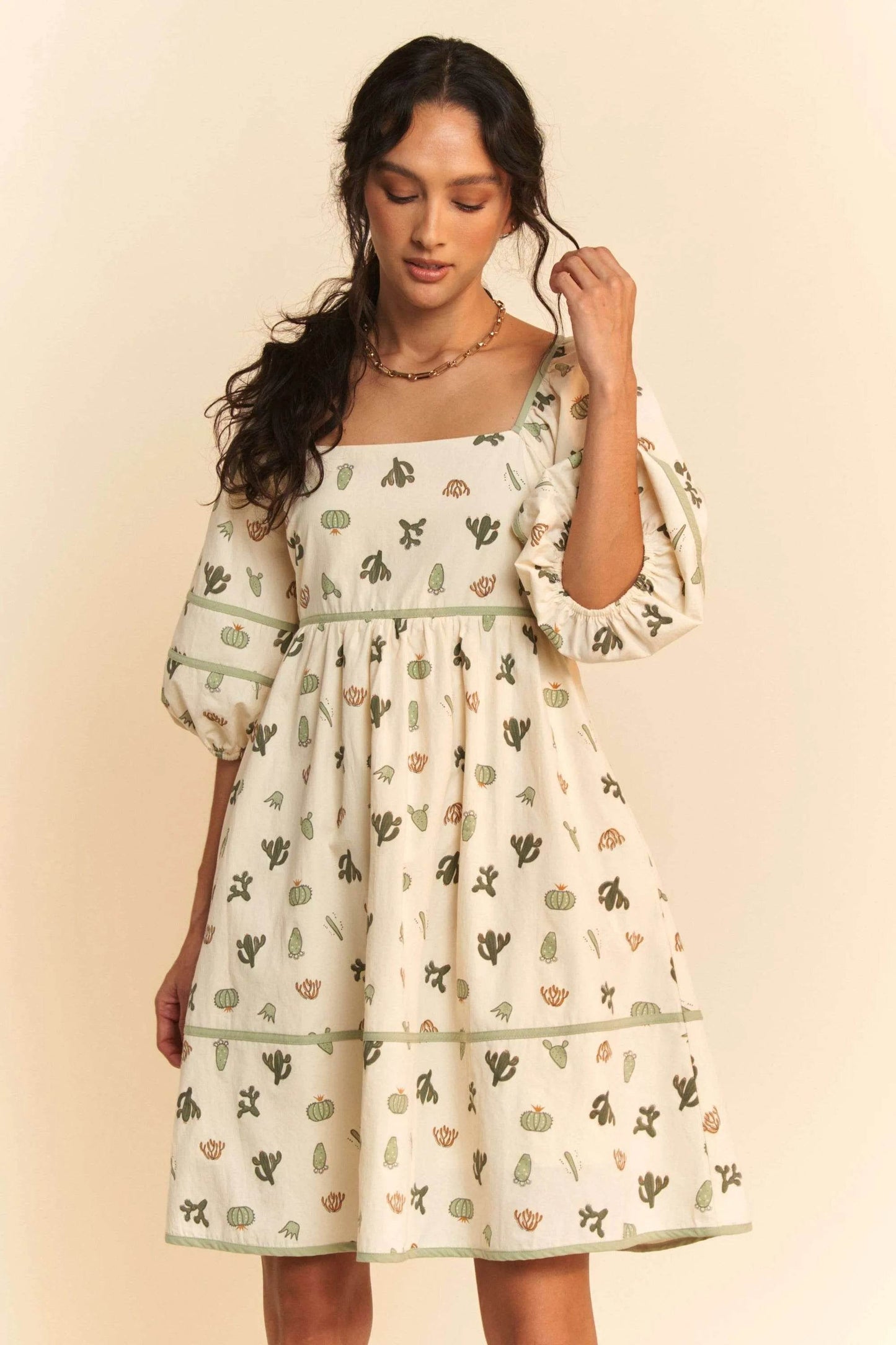 Davi & Dani Cactus Printed Poplin Contrast Piping Mini Dress - Shop Style & More | Fresh Looks, Everyday Deals & Free Shipping