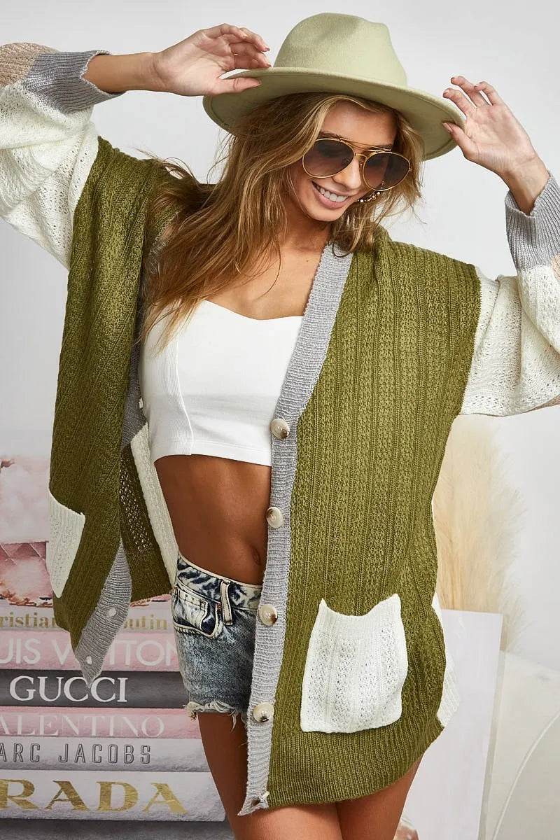 BiBi Color Block Sweater Cardigan with Button Closure - Shop Style & More | Fresh Looks, Everyday Deals & Free Shipping