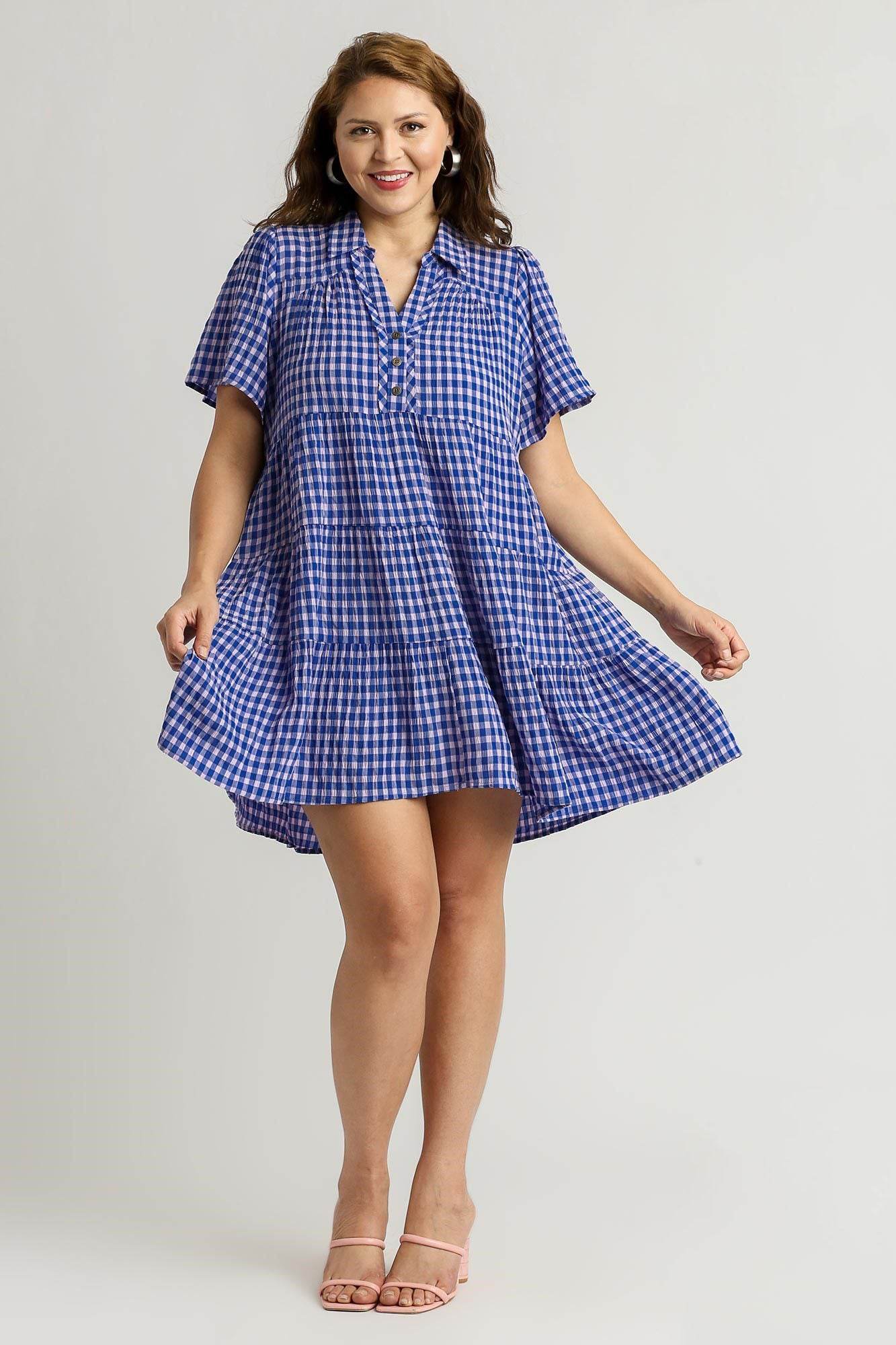 Umgee Full Size Gingham Tiered Button Detail Short Sleeve Dress Plus Size - Shop Style & More | Fresh Looks, Everyday Deals & Free Shipping