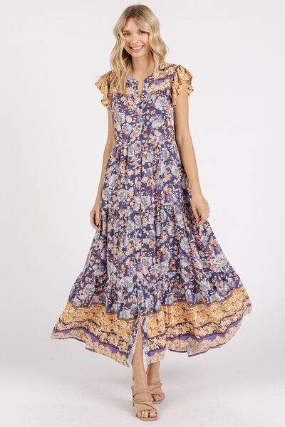 Mittoshop Floral Ruffled Notched Cap Sleeve Maxi Dress - Shop Style & More | Fresh Looks, Everyday Deals & Free Shipping