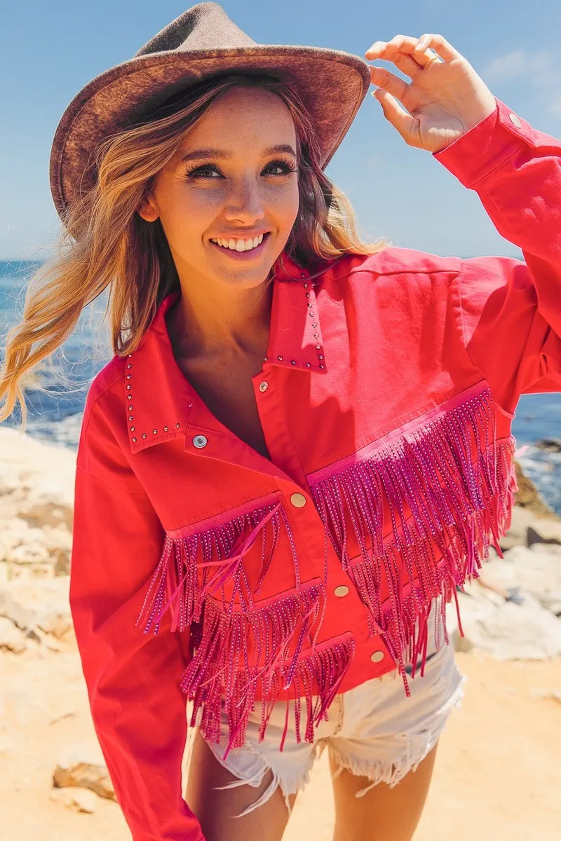 BiBi Rhinestone Fringe with Studed Collar Jacket Women's Outerwear