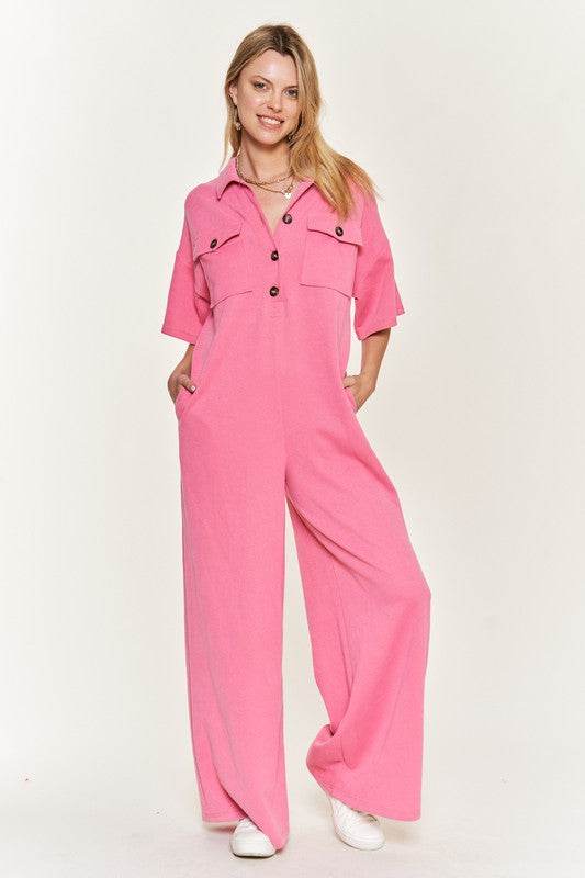 Basic Collar Shirt Wide leg Jumpsuit - Shop Style & More | Fresh Looks, Everyday Deals & Free Shipping