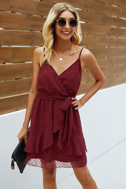 V Neck Ruffle Hem Swiss Dot Self Tie Cami Dress - Shop Style & More | Fresh Looks, Everyday Deals & Free Shipping