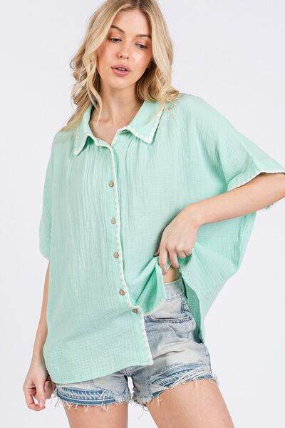 SAGE+FIG Boho Contrast Zigzag Trim Gauze Button-Up Shirt - Shop Style & More | Fresh Looks, Everyday Deals & Free Shipping