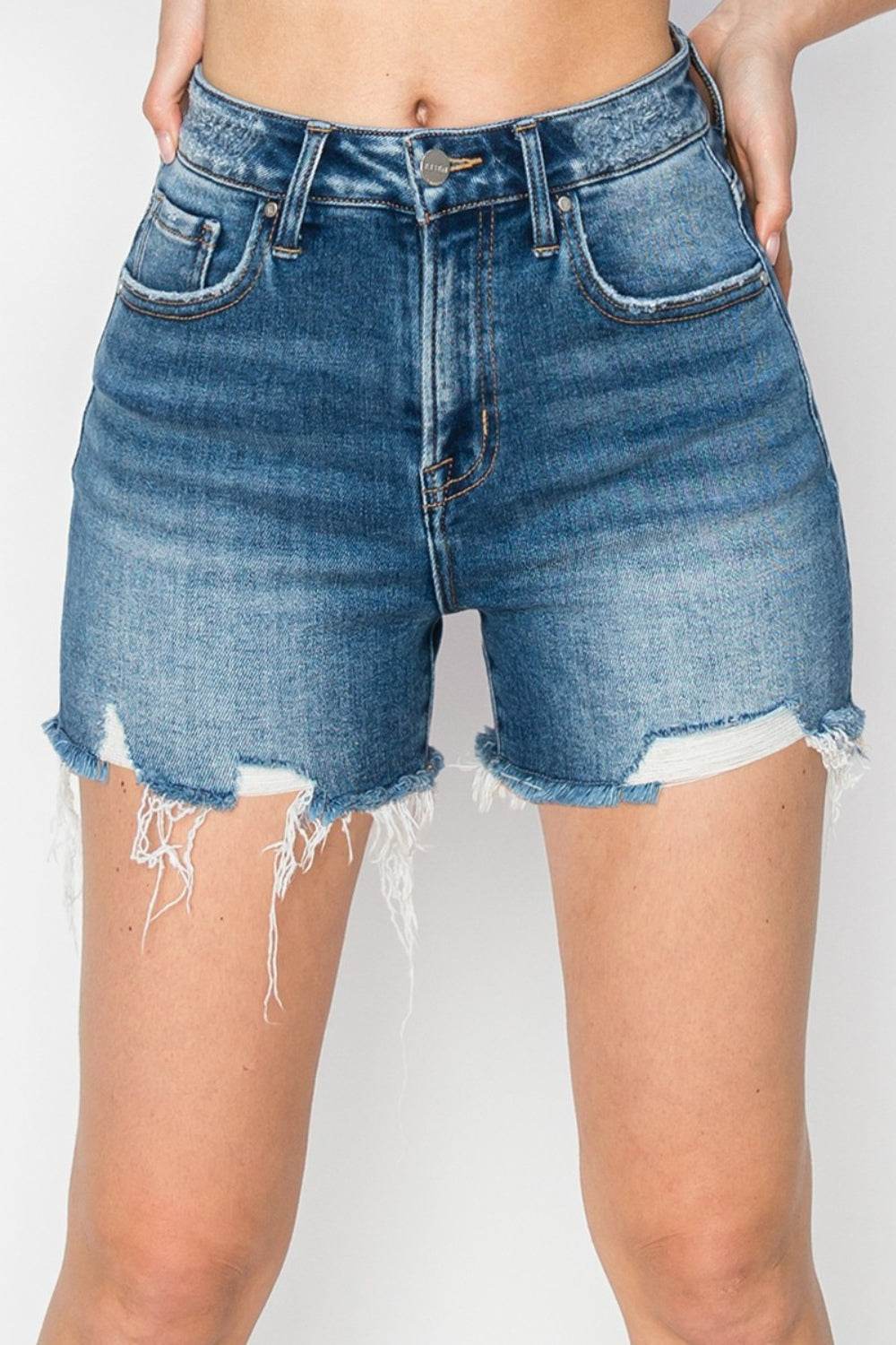 RISEN High Rise Raw Hem Distressed Denim Shorts - Shop Style & More | Fresh Looks, Everyday Deals & Free Shipping