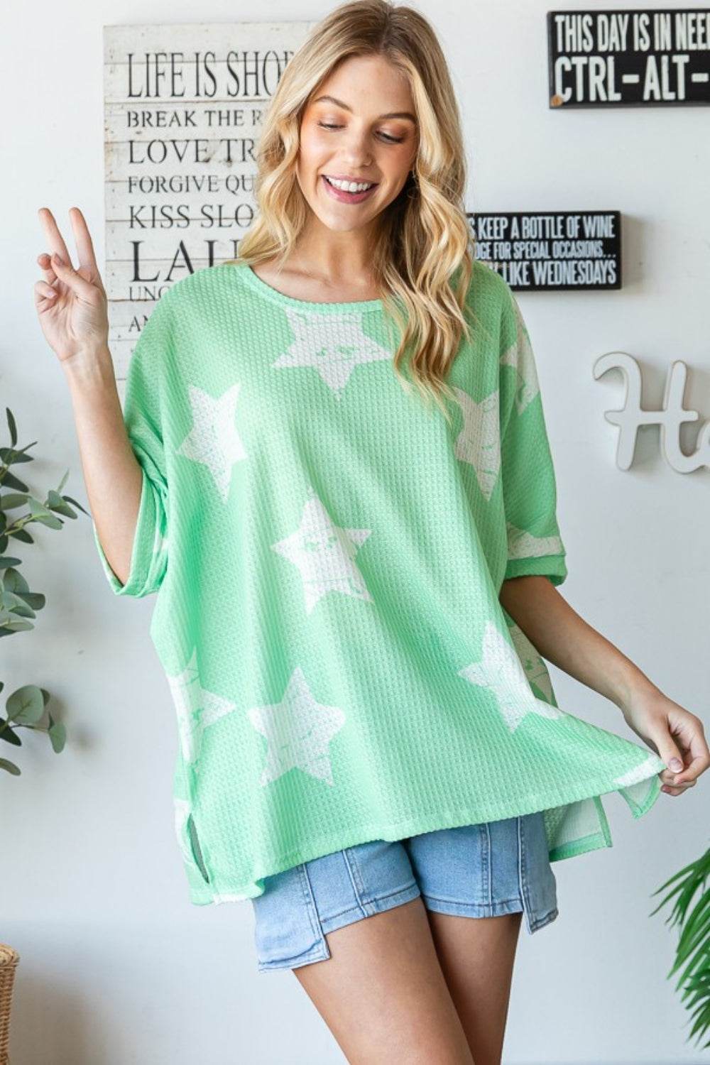 HOPELY Star Pattern Oversized Waffle T-Shirt - Shop Style & More | Fresh Looks, Everyday Deals & Free Shipping