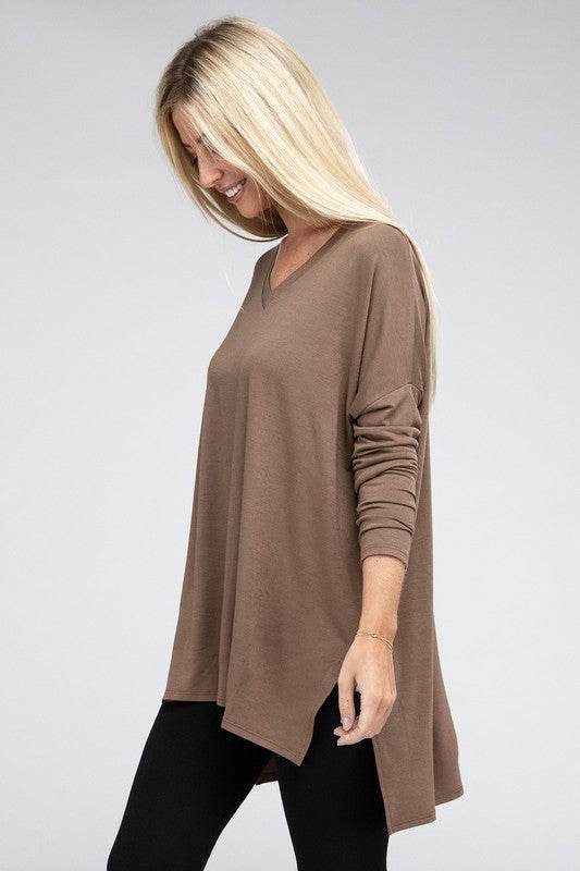 Dolman Long Sleeve V-Neck Side Slit Hi-Low Hem Top - Shop Style & More | Fresh Looks, Everyday Deals & Free Shipping