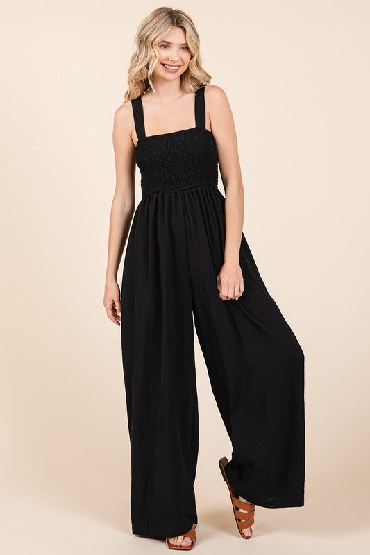 Mittoshop Smocked Wide Strap Wide Leg Overalls Jumpsuits