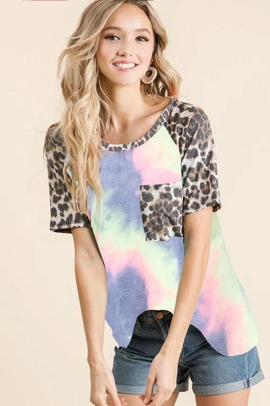 BiBi Tie Dye Knit Top with Leopard Raglan Sleeves - Shop Style & More | Fresh Looks, Everyday Deals & Free Shipping
