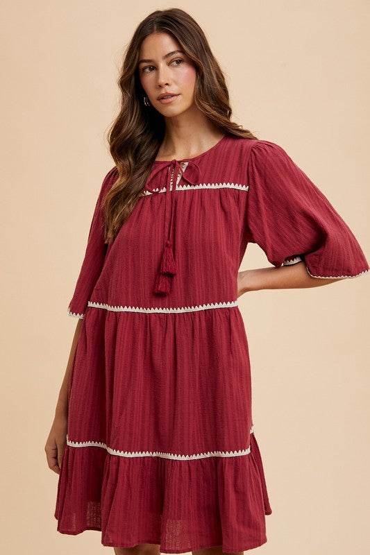 Annie Wear Tassel Contrast Trim Tie Neck Half Sleeve Tiered Dress - Shop Style & More | Fresh Looks, Everyday Deals & Free Shipping