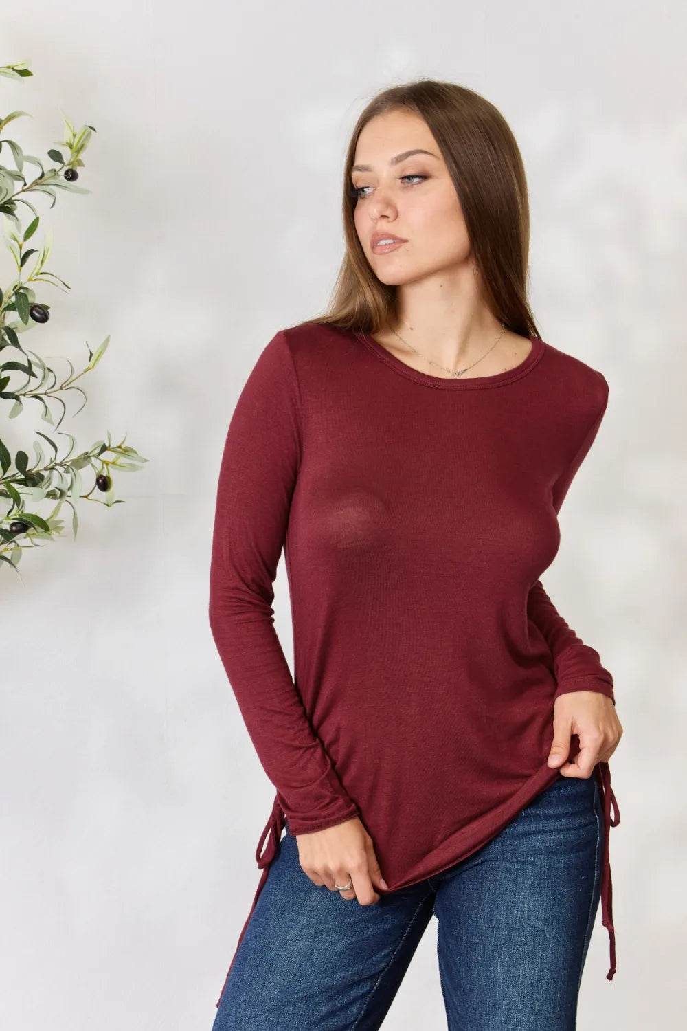 Culture Code Full Size Drawstring Round Neck Long Sleeve Top - Shop Style & More | Fresh Looks, Everyday Deals & Free Shipping
