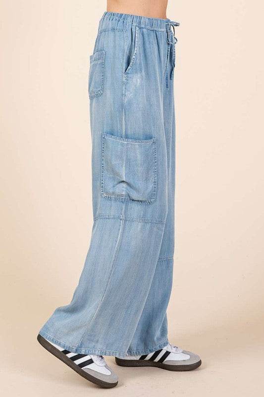 Mittoshop Washed Elastic Waist Cargo Wide Leg Pants - Shop Style & More | Fresh Looks, Everyday Deals & Free Shipping