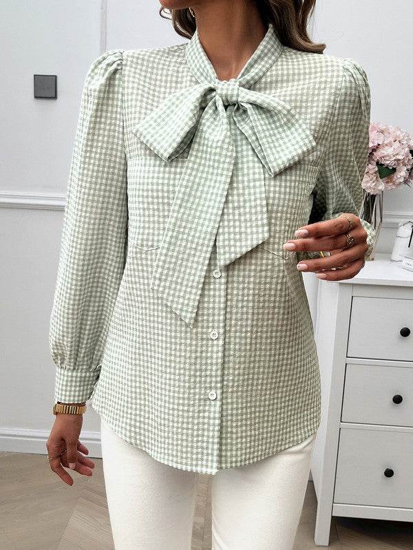 Plaid Puff Sleeves Loose Button Trim Knot Blouse - Shop Style & More | Fresh Looks, Everyday Deals & Free Shipping